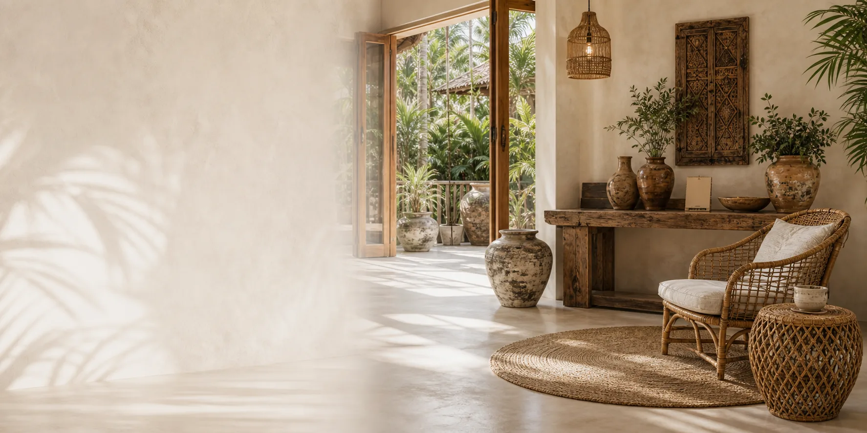 IN'SENS Laos contact lounge with natural furniture, handmade ceramics and tropical greenery