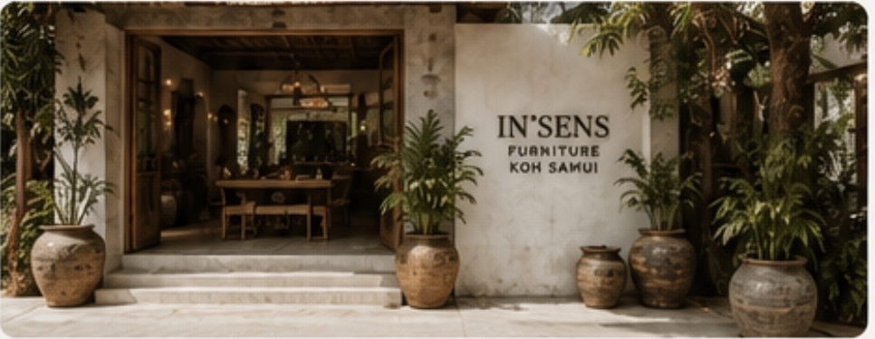 IN'SENS Laos showroom entrance with handmade ceramics and tropical plants