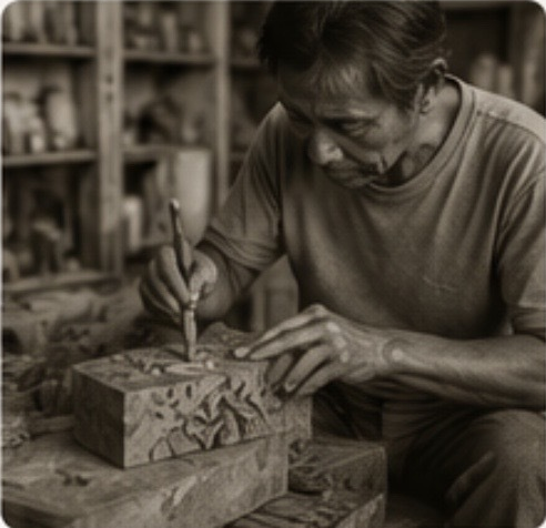 Artisan carving floral details into a wooden piece