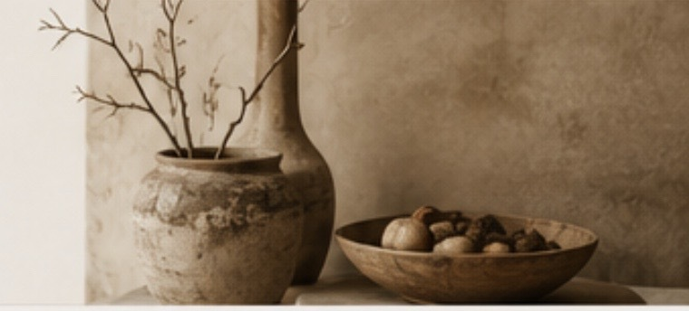 Ceramic vessels and wooden bowl in a warm handmade interior setting