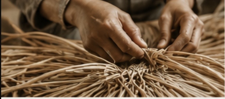 Artisan hands weaving natural fibers for a custom handmade piece