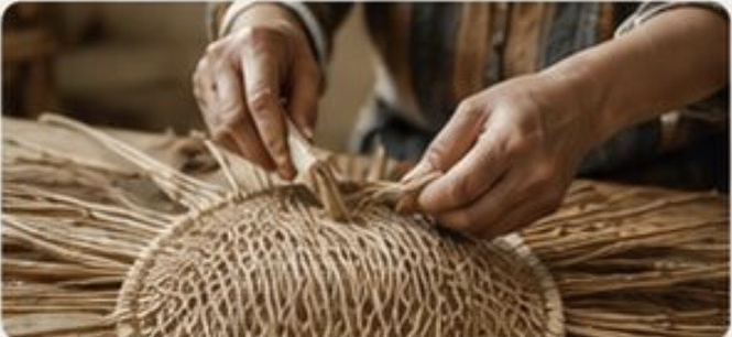 Hands weaving natural fibres for handmade furniture
