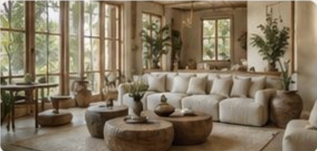 Natural living room with custom furniture and tropical styling
