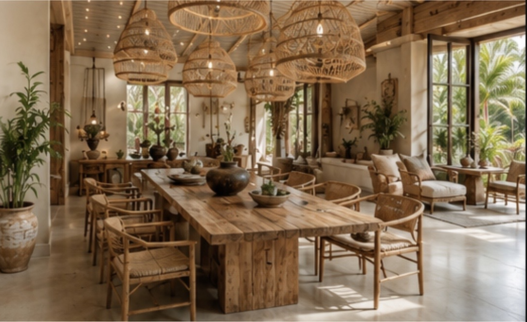 IN'SENS Laos showroom with natural wood furniture and woven lighting