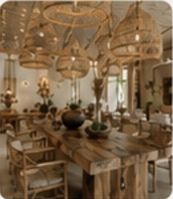 Dining table and woven lighting inside the IN'SENS showroom