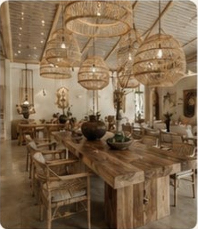 Dining table and woven lamps in the IN'SENS showroom