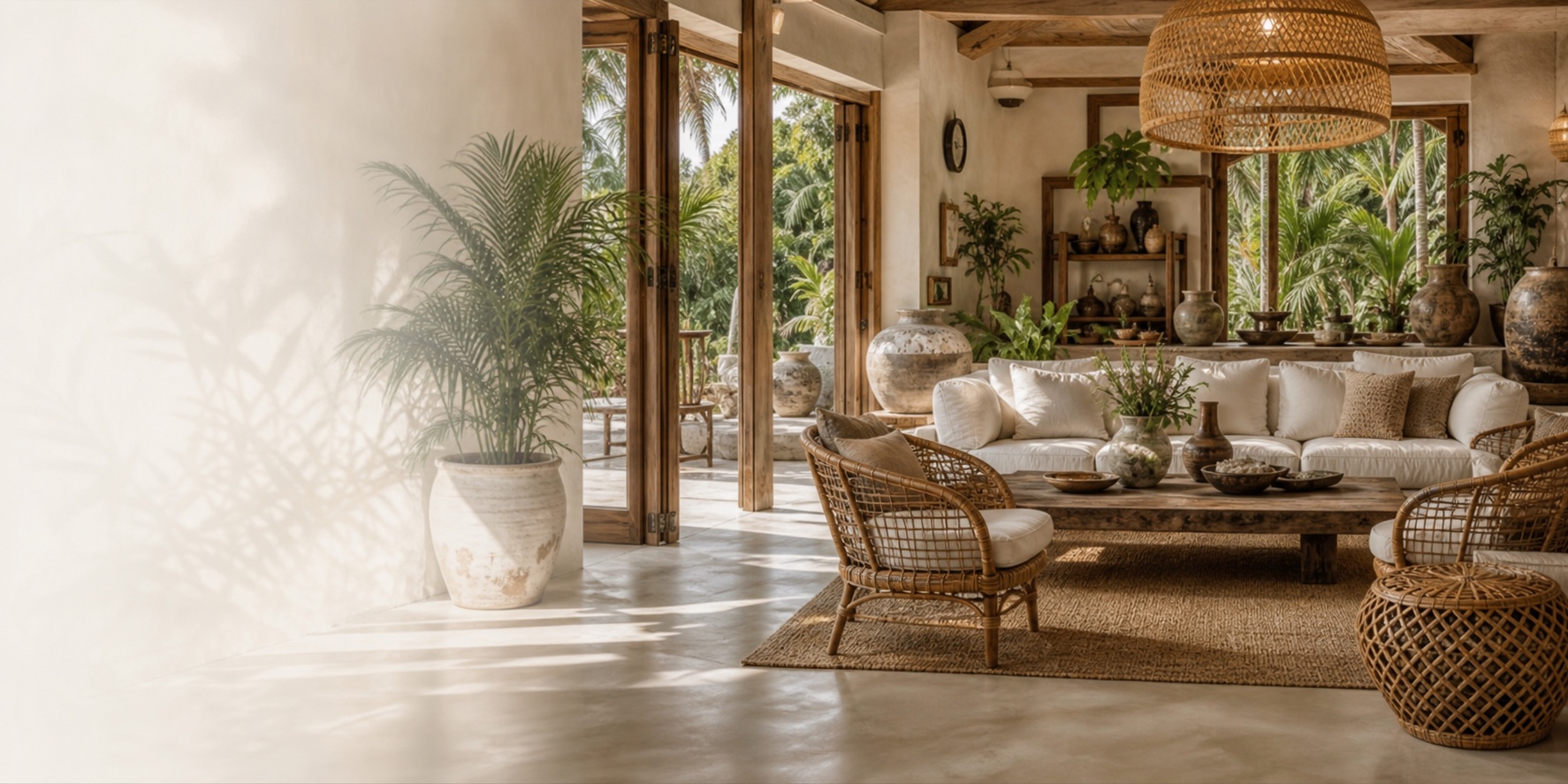 IN'SENS Laos showroom lounge with rattan seating, handmade ceramics and tropical greenery